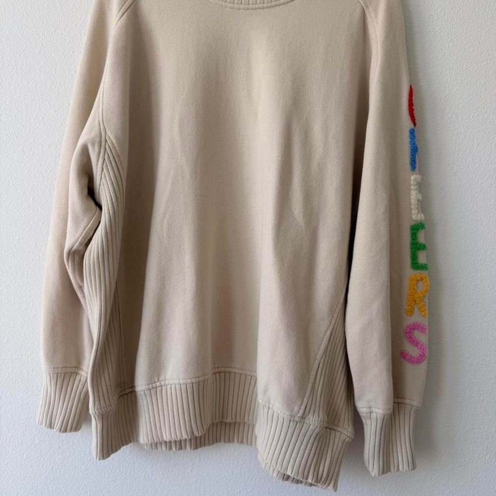 Aerie Cream crewneck sweatshirt rainbow "Cheers" letters on sleeve. Size: XS